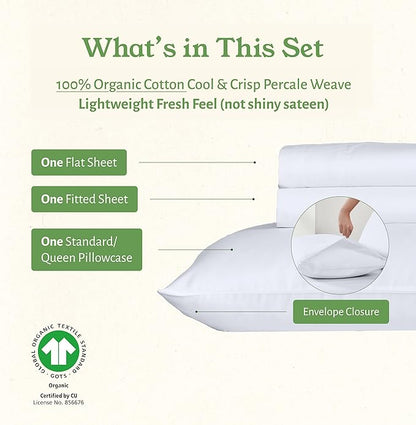 California Design Den Twin XL Sheets Set - Soft 100% Organic Cotton Sheets with Deep Pockets, Crisp Percale, Breathable and Durable Bedding Set for Dorms, Hospitals - White