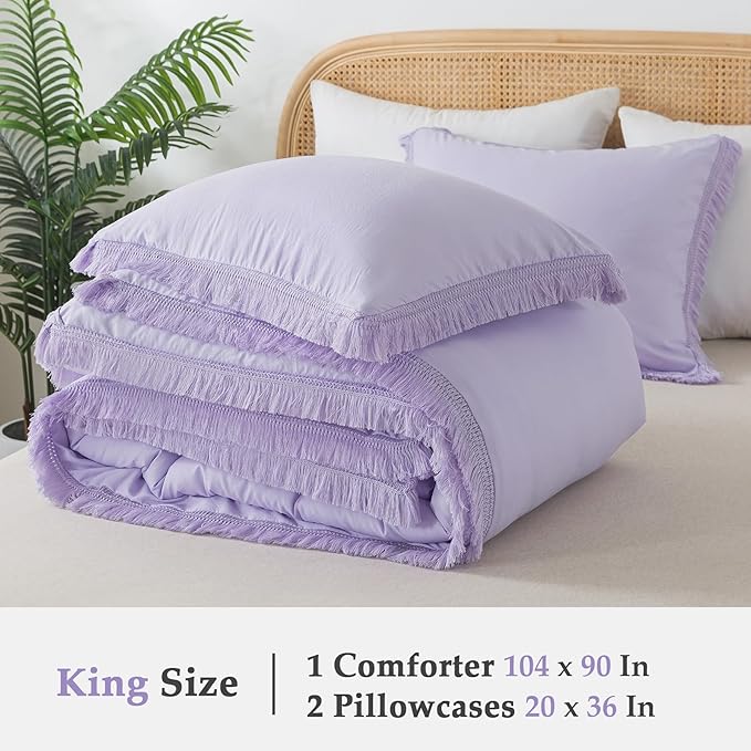 Andency Comforter King Size Bed Set Lavender, Purple 3 Pieces Boho Lightweight Winter Bedding Comforters & Sets, All Season Soft Tassel Bed Set (104x90In Comforter & 2 Pillowcases)