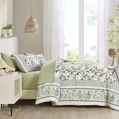 Dobuyly Floral Queen Comforter Set, 7 Piece Bed in a Bag Queen Size Sage Green Flowers on White Botanical Bedding Set, Soft Microfiber Bedding Comforter Sets with Sheets for All Season