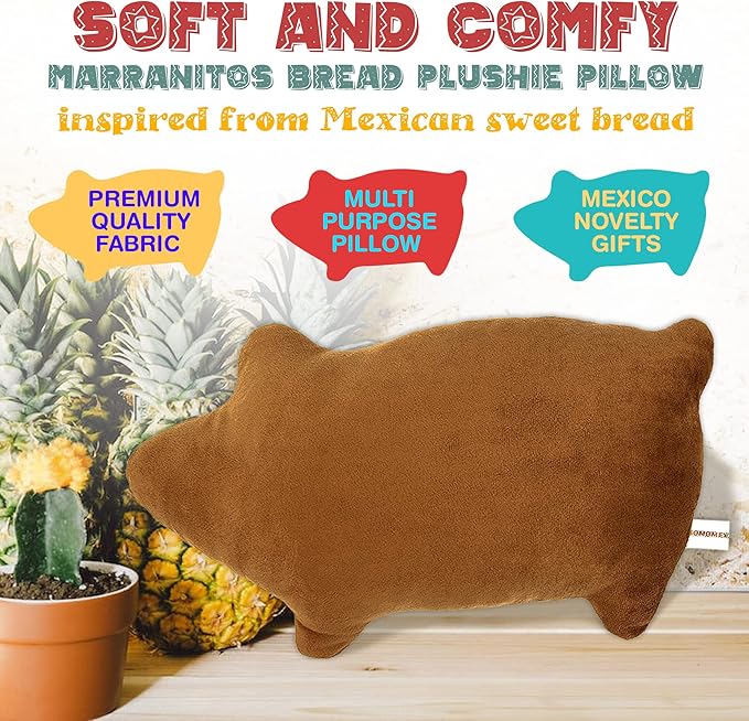 Marranitos Pillow - Mexican Bread Pillow - Pan Dulce Puerquito Almohada for Travel Cuddle Couch - Decorative Pillows for Home Office - Mexican Decor Gifts for Men Women (24 x 14.5 Inches)