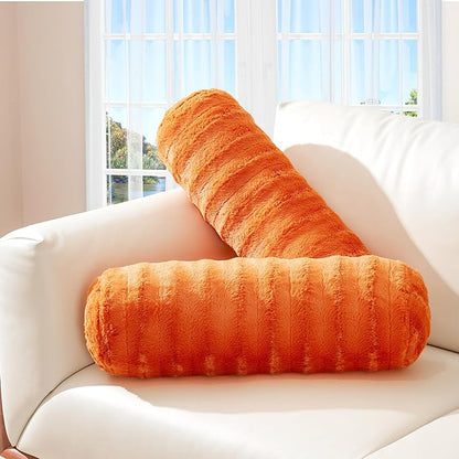 Cheer Collection Faux Fur Bolster Pillows – Soft Decorative Cylinder Pillows for Bed or Couch, Machine Washable – 8” x 24”, Set of 2, Rust