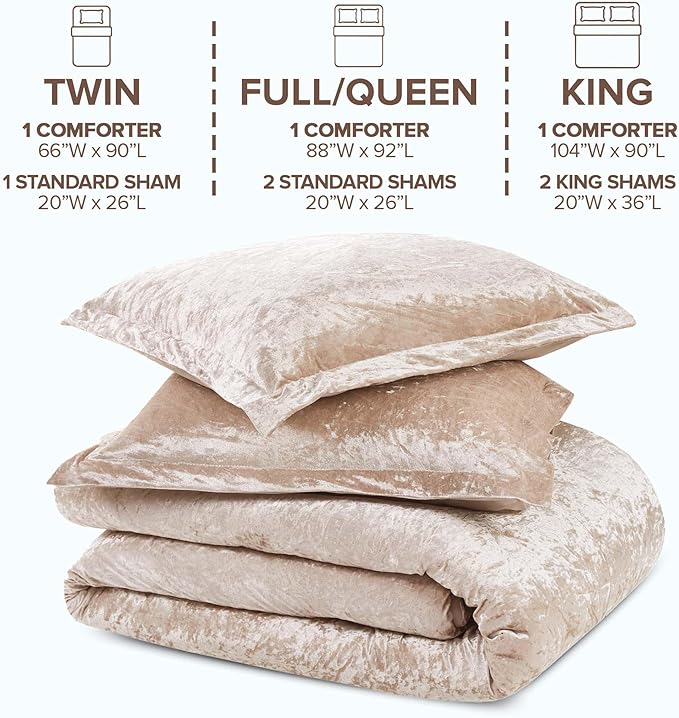 Comfort Spaces Luxe King Comforter Set - Velvet Comforters for King Size Bed, Microfiber Reverse, Juliette, All Season Bedding, Fluffy Bed Set, Sham, Champagne 3 Piece
