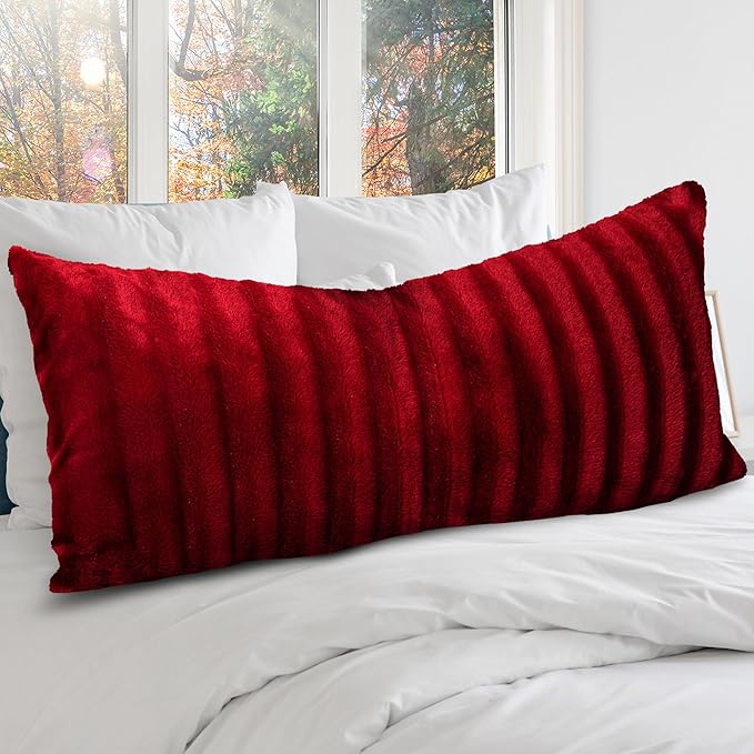 Cheer Collection Faux Fur Long Body Pillow - Accent Throw Pillow for Bed and Couch - Decorative Lumbar Pillow with Insert, Maroon (18" x 40")