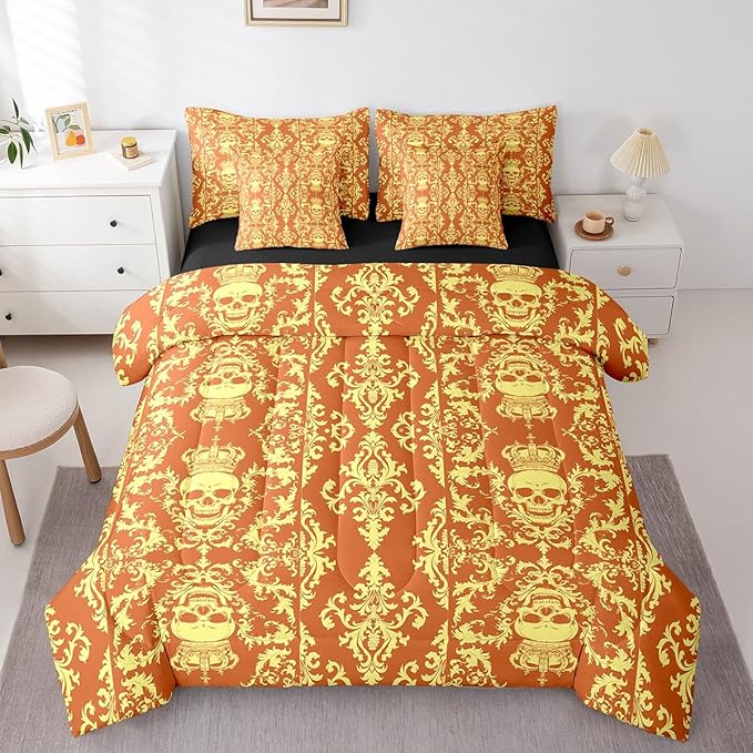 Erosebridal Gothic Skull 7 Piece Comforter Set Full Bed in a Bag,Yellow Orange Damask Bohemian Vintage Flowers Bedding Set,Goth Skeleton Sheet Set,Exotic Boho Floral Crown Victorian Antique Decor