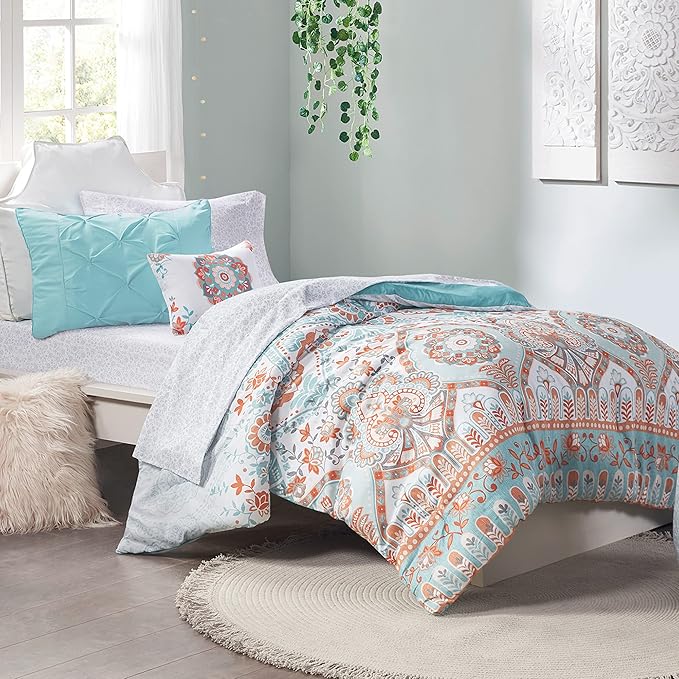 Intelligent Design Complete Bed In A Bag Casual Boho Comforter with Sheet Set Decorative Pillow, All Season Bedding Set, Twin XL, Vinnie Aqua 6 Piece