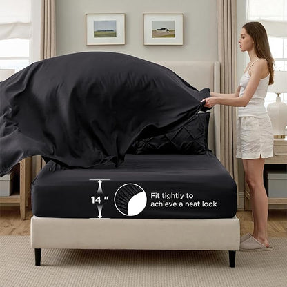 Bedsure Oversized Queen Comforter Set Black - Bed in a Bag Bedding Set 7 Pieces, GentleSoft™ Pintuck Bed Set Gift for Family, Pinch Pleat All Season Comforter with Sheets, Pillowcases & Shams