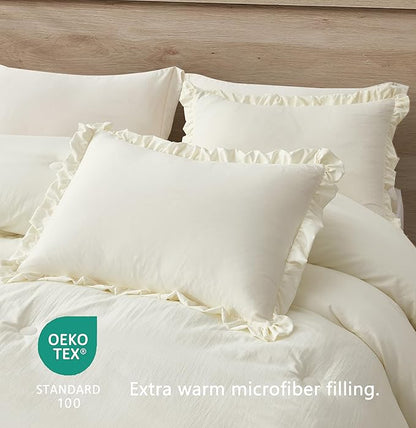 Chezmoi Collection Nora Ivory Comforter Set Oversized Queen 3-Piece Lightweight Soft Stone-Washed Ruffled Shabby Chic Bedding for All Season