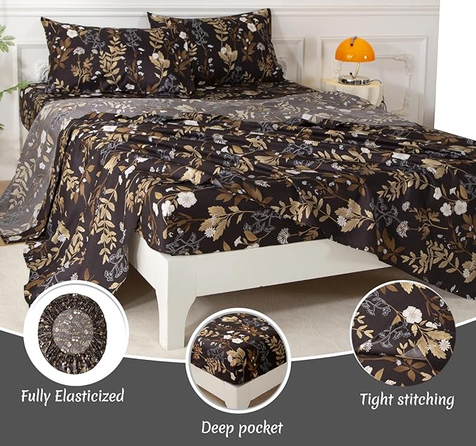 SDY 7PCS Twin Dark Floral Comforter and Sheet Set，Cute Soft Black Flower Microfiber Bedding Sets for Kids, Boys and Toddlers Includes 1*Comforter,1* Flat&Fitted Sheet,2*Pillowcases,2*PillowcaseShams