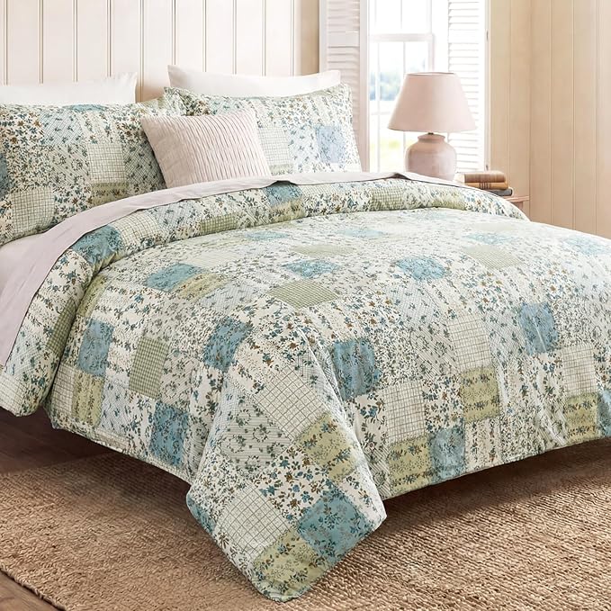 Vintage Floral Comforter Set Queen 100% Cotton Blue Patchwork Bedding Comforter Sets All Season 3 Pieces Shabby Chic Breathable Soft Comforter(Blue Patchwork, Queen)
