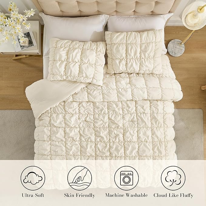 Amélie Home Twin Comforter Set, 2 Pieces Beige Bubble Bedding Set for All Season, Ultra Soft Cozy Comforter, Farmhouse Luxury Gift for Women Home Decor