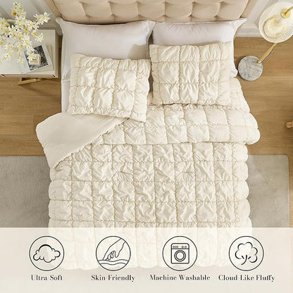 Amélie Home King Comforter Set, 3 Pieces Beige Bubble Bedding Set for All Season, Ultra Soft Cozy Comforter, Farmhouse Luxury Gift for Women Home Decor
