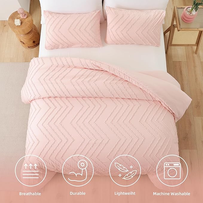 YIRDDEO Pink Twin Size Comforter Set 2Pcs, Boho Farmhouse Blush Twin Size Bedding Set, Vertical Tufted Twin Bed Set, Lightweight Neutral Twin Bedroom Set (1 Comforter 1 Pillowcase)