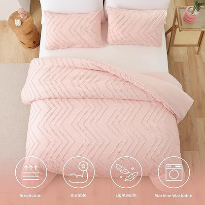 YIRDDEO Pink Queen Size Comforter Set 3Pcs - Boho Chevron Blush Farmhouse Bedding, Vertical Tufted Lightweight Neutral Bed Set (1 Comforter, 2 Pillowcases)