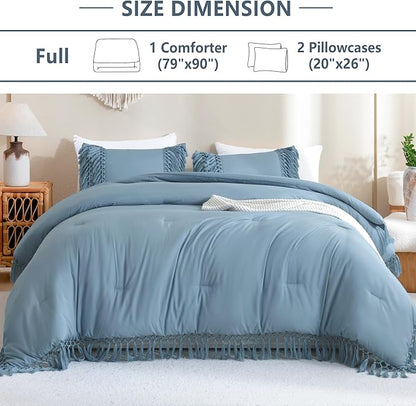 Andency Grayish Blue Full Size Comforter Set, 3 Pieces Boho Tassel Lightweight Soft Bedding Comforter Sets, All Season Fluffy Fringe Bed Set (79x90In Comforter & 2 Pillowcases)