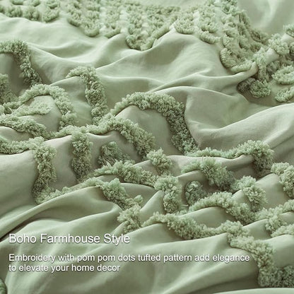 Luxudecor Sage Green Tufted Comforter Set Queen Size 3 Pieces Boho Shabby Chic Comforter Farmhouse Embroidery Bedding Set Soft Comforter for All Seasons (Sage Green, 90''x90'')