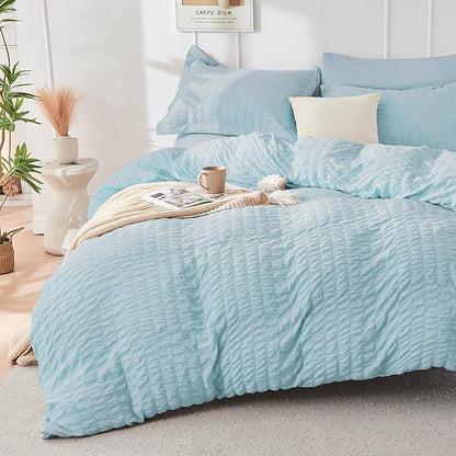 HYMOKEGE Lake Blue California King Comforter Set Seersucker 7 Pieces, All Season Luxury Bed in a Bag for Bedroom, Bedding Set with Comforters, Sheets, Pillowcases & Shams