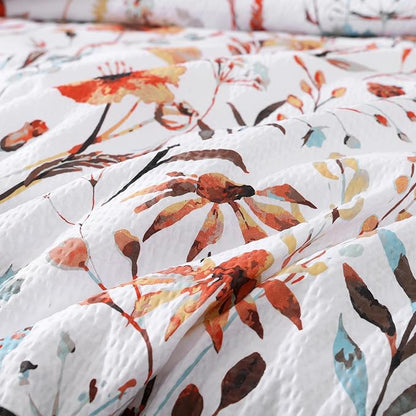 CASAAGUSTO Full Comforter Set, 7 PCS White Floral Comforter Set with Flowers Leaves Pattern, Soft Seersucker Design All Season Full Size Bedding Set(80"X90")
