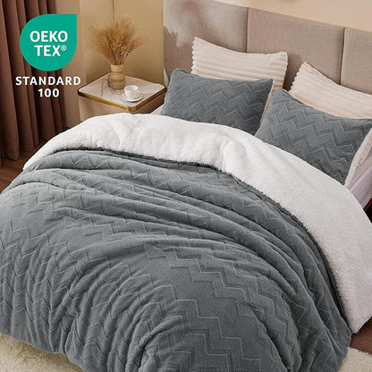 BEDELITE Fluffy King Size Comforter Set - Super Soft Sherpa Grey Comforter for King Size Bed, Luxury Warm Bedding Set for Winter, Fuzzy Bed Set 3 Pieces (1 Comforter, 2 Pillowcases)