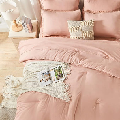 Andency Pink Queen Size Comforter Set with Sheets - 7 Pieces Boho Tassel Bed in a Bag Soft Lightweight Bedding Sets, Pink Fringe Bed Set with Comforter, Sheets, Pillowcases & Shams