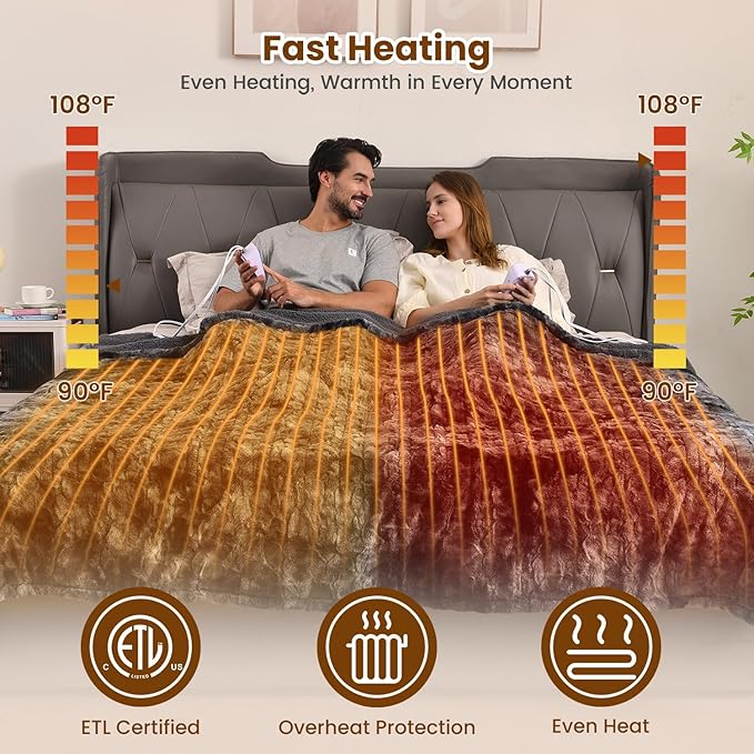 Bearhug Heated Blanket with Dual Controls Electric Heating Blankets Auto Shutoff Electric Blanket Machine Washable Overheat Protection Marble Black Queen Size 84"x 90"