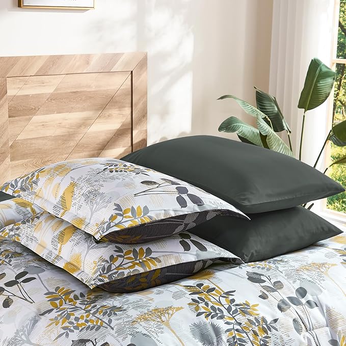 Anibedding 7Pieces Queen Comforter Set, Grey Botanical Bed in a Bag Complete Set with Sheet Pillowcase for Bedroom All Season