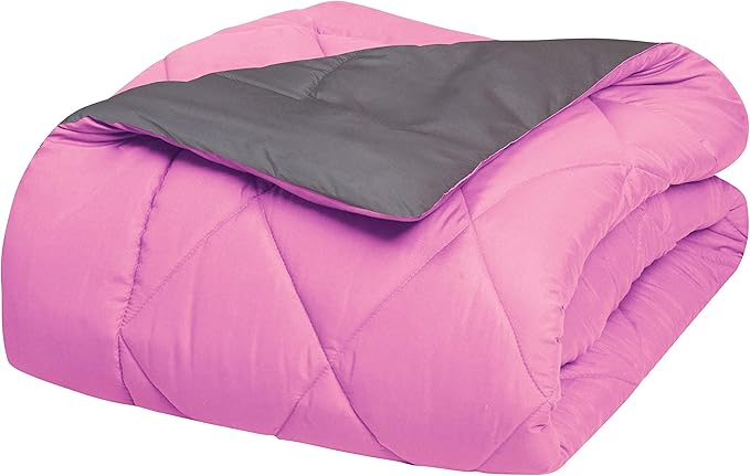 Elegant Comfort Goose Down Alternative -Diamond-Stitched- Quilted 3-Piece Reversible Comforter Set/Duvet Insert Soft Bedding-Medium Warmth for All Seasons, Full/Queen, Pink/Grey
