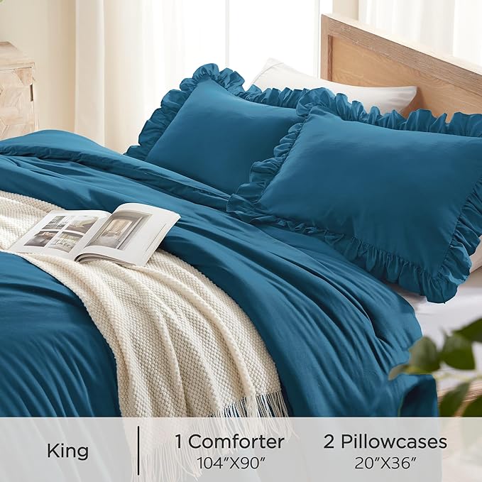Andency Teal Ruffle Comforter King(104x90Inch), 3 Pieces(1 Ruffled Comforter and 2 Pillowcases) Solid Farmhouse Shabby Chic Bed, Vintage Rustic Soft Microfiber Bedding Set