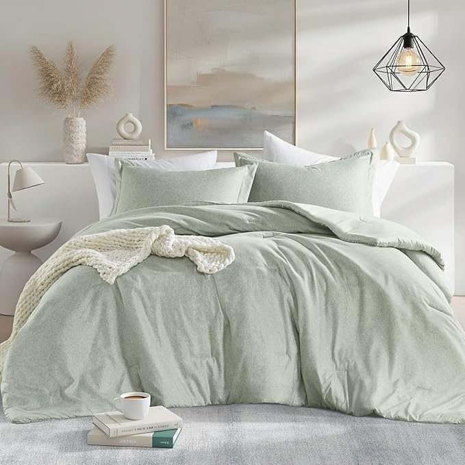 Full/Queen Size Comforter Set, Lightweight Sage Green Soft Bedding for All Seasons, 3 Pieces Chambray Print Solid Farmhouse Bed Set, Comforter & Shams