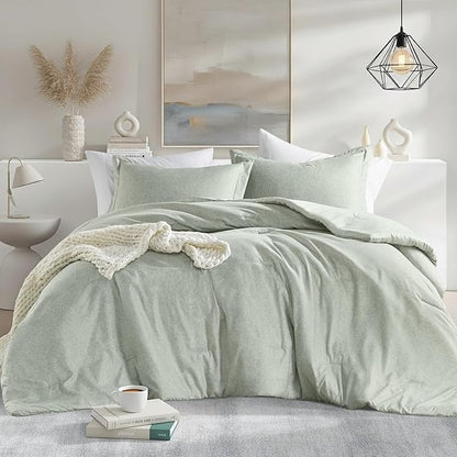 Full/Queen Size Comforter Set, Lightweight Sage Green Soft Bedding for All Seasons, 3 Pieces Chambray Print Solid Farmhouse Bed Set, Comforter & Shams