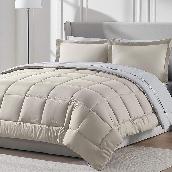 Nestl 7 Piece California King Comforter Set – Beige Reversible Bed in a Bag – Complete Cal King Size Bedding Set with Sheets, Pillowcases and Shams