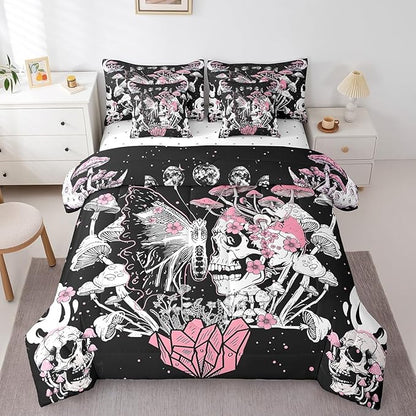 Feelyou Sugar Skull Bedding Set with Comforter, Twin Size 7Pcs Halloween Themed Comforterative Pink Death Moth Bed in a Bag with Comforter, Boho Mushroom Room Decor