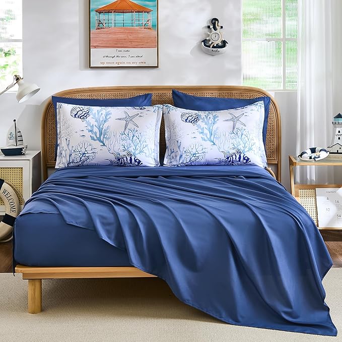 WONGS BEDDING Coastal King Size Comforter,7 Pieces Beach Nautical Themed Bed in a Bag Bedding Set,Ocean Coral Starfish Pattern Soft Comforters for All Season, 96 * 104"