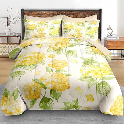 Comforter Set Full Size, Flower Yellow Hydrangea 7 Pcs Bedding for Kids and Adults, Floral Summer Rustic Bed Sheet Sets with Fitted Sheet 2 Pillowcases & 2 Shams for Bedroom Bed Decor