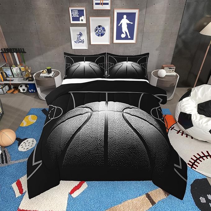 Erosebridal Basketball Comforter Set Full Size for Kids,Sports Bedding Sets for Boys,Basketball Court Down Comforter for Fan,Black Ball Game Bed Set with 2 Pillowcases Bedroom Decor