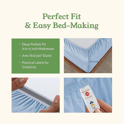California Design Den Soft 100% Organic Cotton Queen Sheet Set - Crisp and Cool Percale, Deep Pocket Organic Cotton Sheets with Anti-Skid Elastic, Breathable and Durable Bedding Set - Light Blue