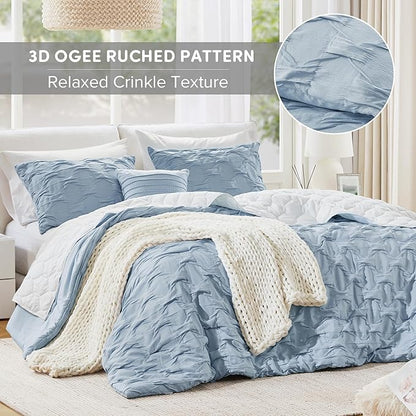 Comfort Spaces Twin/Twin XL Comforter Set for College Ogee Ruched Crinkle Texture Breathable Comforter Set Twin Dorm All Season Lightweight Bedding Set Shabby Chic Décor Pilow Blue 3 Piece
