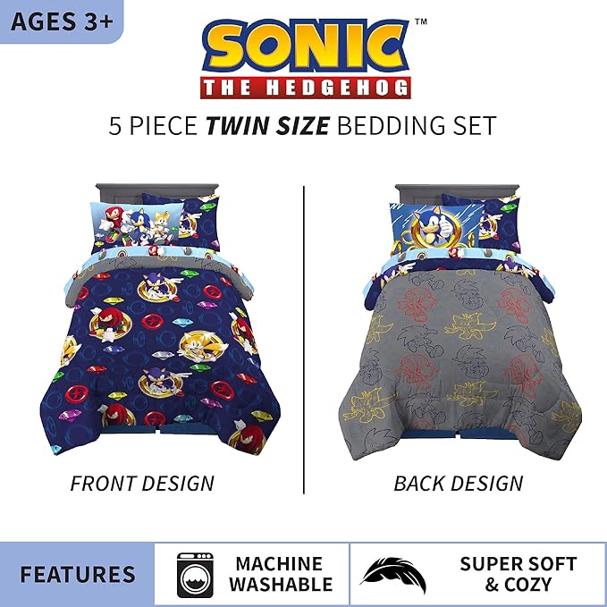 Franco Kids Bedding Super Soft Comforter and Sheet Set with Sham, 5 Piece Twin Size, Sonic The Hedgehog, Anime