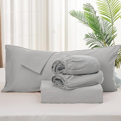 Simple&Opulence Belgian Linen Sheet Set Solid Color - 5 Pieces (1 Flat Sheet, 2 Fitted Sheets & 2 Pillowcases) Natural Flax Cotton Blend Soft Breathable Farmhouse Bedding - Split King Size, Grey