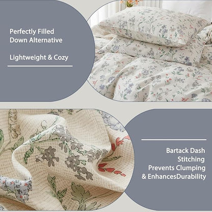 Floral Comforter Set Queen Size Green Floral Bedding Set 3 Pieces 100% Cotton Farmhouse Botanical Bedding Breathable Soft Reversible Comforter for All Seasons