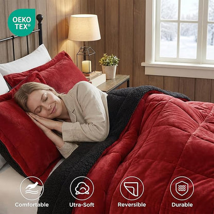 Woolrich Reversible Comforter Set Ultra Soft Plush to Sherpa, Down Alternative, Cold Weather Winter Warm Bedding, with Matching Sham, Decorative Pillow Red/Black King 3 Piece