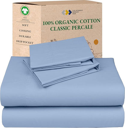 California Design Den Soft 100% Organic Cotton King Size Sheets Set - Crisp and Cool Percale Sheets King Size, Deep Pockets with Anti-Skid Elastic, Breathable and Durable Bedding Set - Light Blue