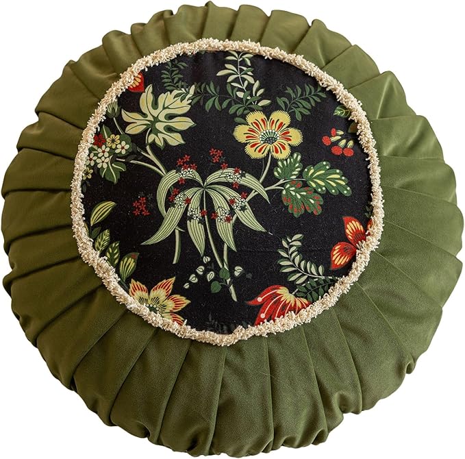 vctops Round Throw Pillow with Zipper Vintage Spring Floral Pillow Cushion Soft Velvet Pleated Throw Pillows for Couch Chair Bed Car (Green,18")