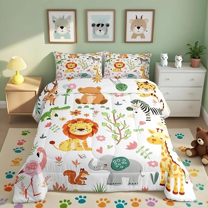 Feelyou King Size Cartoon Lions Giraffe Comforter Set Zoo Animals Bedding Set Flamingo Zebra Comforter for Kids Boys Girls Kawaii Animals Duvet Insert 3Pcs