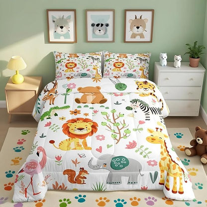 Feelyou Toddler Size Cartoon Lions Giraffe Comforter Set Zoo Animals Bedding Set Flamingo Zebra Comforter for Kids Boys Girls Kawaii Animals Duvet Insert 2Pcs