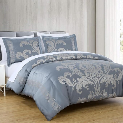 Chezmoi Collection Valor 7-Piece Queen Bed in a Bag, Grayish Blue/Gray Luxury Jacquard Floral Comforter with Sheets Set for All Season