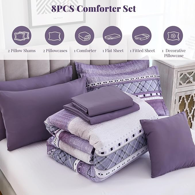 WONGS BEDDING 8 Piece King Size Comforter Set, Texture Striped Bed in a Bag Purple Comforter and Sheet Set, Boho Lightweight Microfiber Bedding Set for All Season (90"×104")