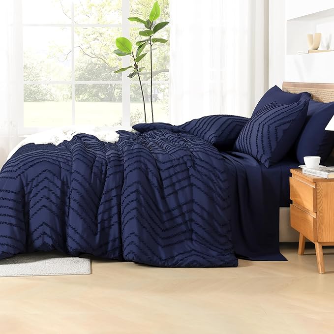 Litanika King Size Comforter Set with Sheets Navy Blue - 7 Pieces Bed in a Bag King Chevron Tufted Complete Bedding Sets with Comforter, Sheets, Pillowcases & Shams