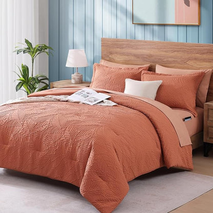 Geniospin Queen Size Comforter Set - 7 Pieces Burnt Orange Bedding Set, Botanical Textured Fall Comforter Set, All Season Lightweight Bed in a Bag with Comforter, Sheets, Pillowcases & Shams