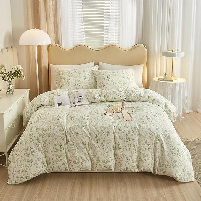 mixinni 3pcs Floral Comforter Set Full Size, Boho Green Flowers Leaves Cute Bedding Comforter Sets for Women, 1 Soft Fluffy Botanical Comforter and 2 Pillowcases for All Seasons