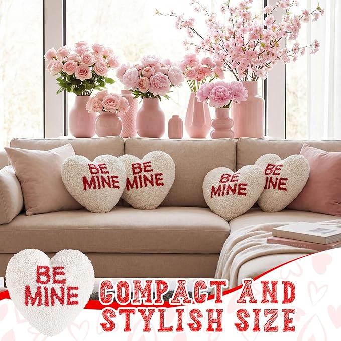 Peryiter Heart Shape Handicraft Hook Pillow 10'' x 10'' Needlepoint Heart Throw Pillow Red Be Mine for Couples Anniversary, Wedding, Party Decor, Room Cushion